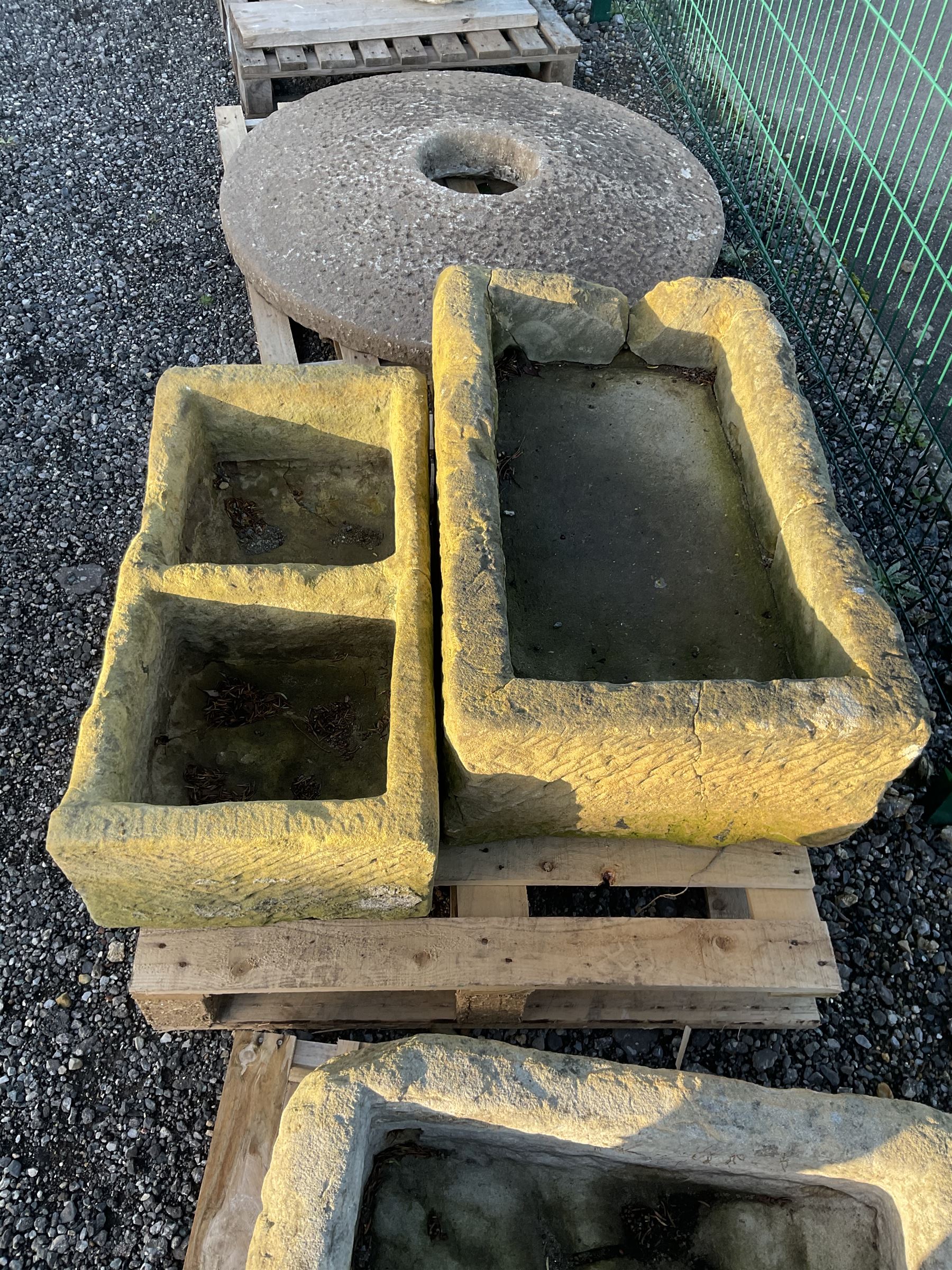 19th century two division stone trough and a medium rectangular stone trough with concrete base (2) - THIS LOT IS TO BE COLLECTED BY APPOINTMENT FROM DUGGLEBY STORAGE, GREAT HILL, EASTFIELD, SCARBOROUGH, YO11 3TX