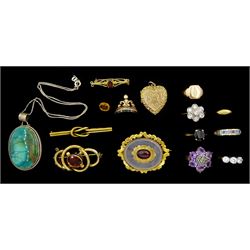 Victorian and later 9ct gold jewellery including rose gold bloodstone fob pendant, knot brooch, two stone set brooches, signet ring, cubic zirconia ring, child's ring and a single stone garnet ring, Victorian gilt garnet brooch and heart pendant, paste stone set eternity ring, stamped 9ct & Sil and other silver jewellery including amethyst and marcasite ring