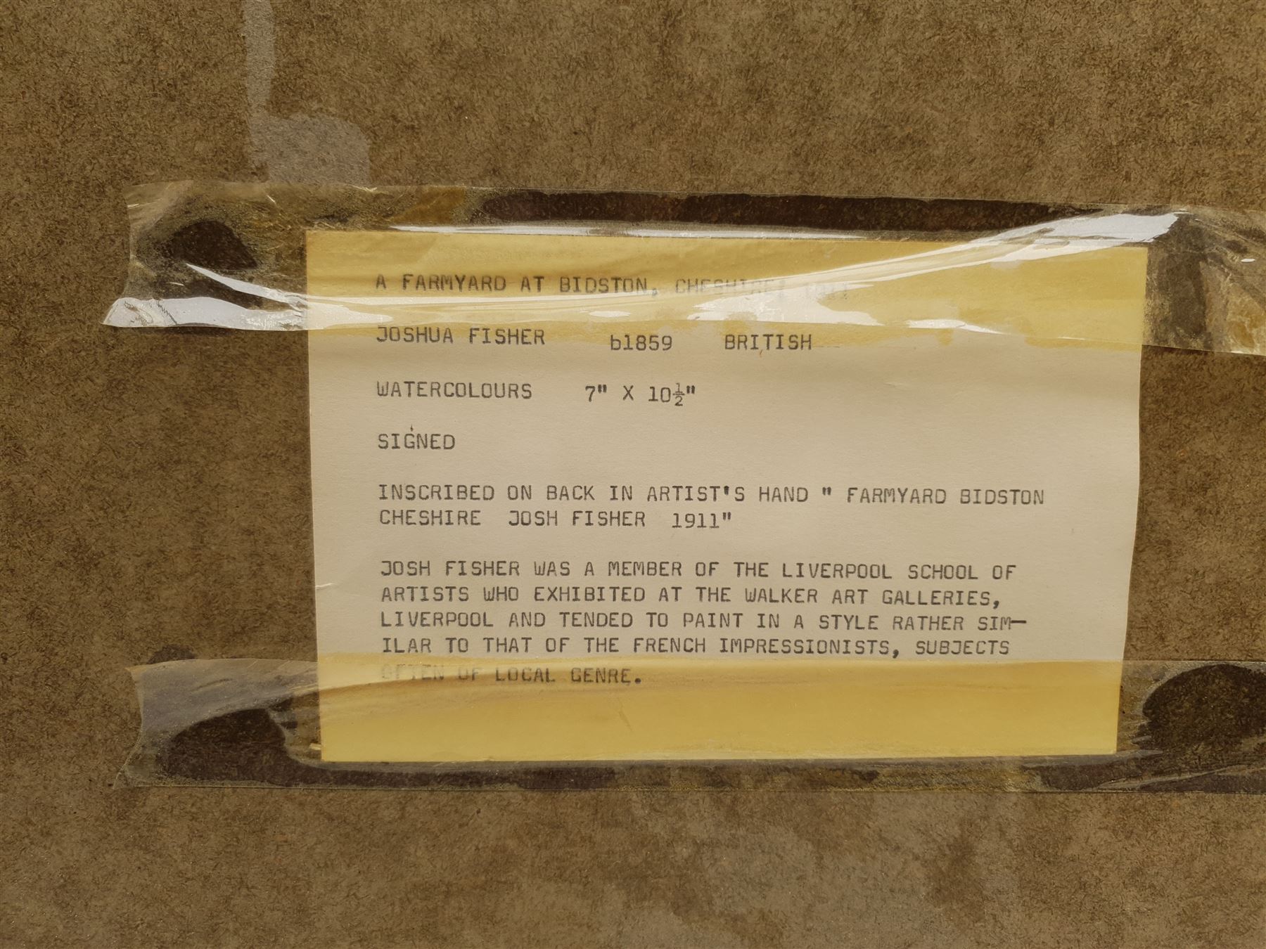 Joshua Fisher (Liverpool 1859-1930): 'Farmyard at Bidston Cheshire', watercolour signed, titled and dated 1911 verso 18cm x 26cm
