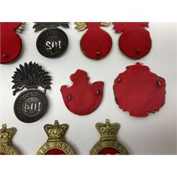 Ten cap badges of Indian interest comprising Bengal Fusiliers No.104, Bengal Infantry No.107, Royal Bengal Fusiliers No.101, Bombay Infantry No.109, Bombay L.I. No.106, two Royal Madras Fusiliers No.102, Madras Infantry No.108 and Madras L.I. No.105 (10)