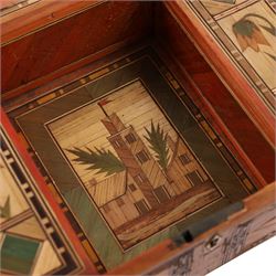 Napoleonic prisoner of war straw work box, the exterior with panels of buildings in geometric borders, the interior of the hinged lid opening to reveal two compartments with hinged covers decorated with flowers, H8cm, D16cm