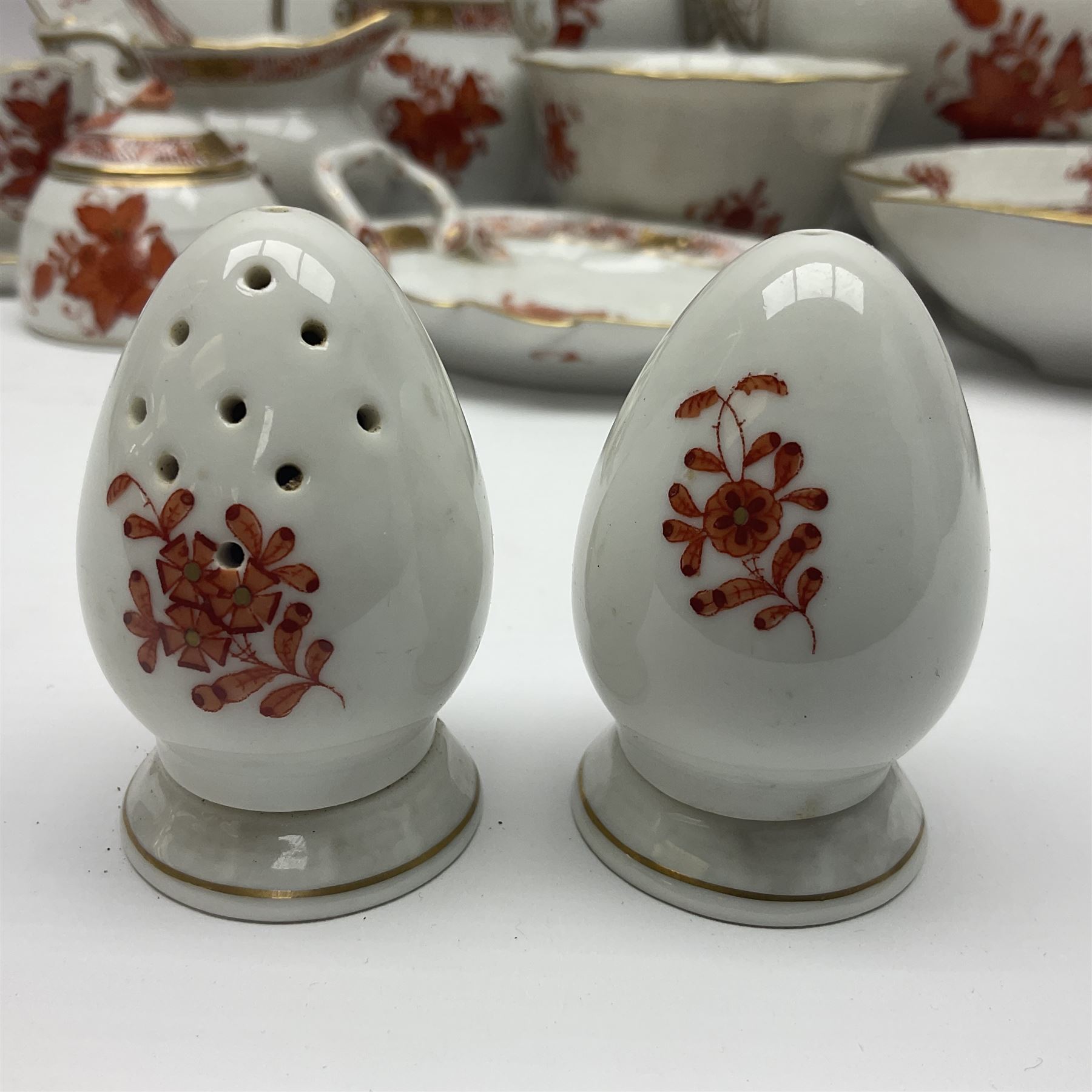 Herend Chinese Bouquet Rose pattern tea service comprising teapot, coffee pot, open sucrier, six cups and saucers, six tea plates, cream jug and stand, milk jug, two teabag holders, preserve pot, two leaf shaped dishes, four egg cups, salt & pepper pots, pair side plates and another plate