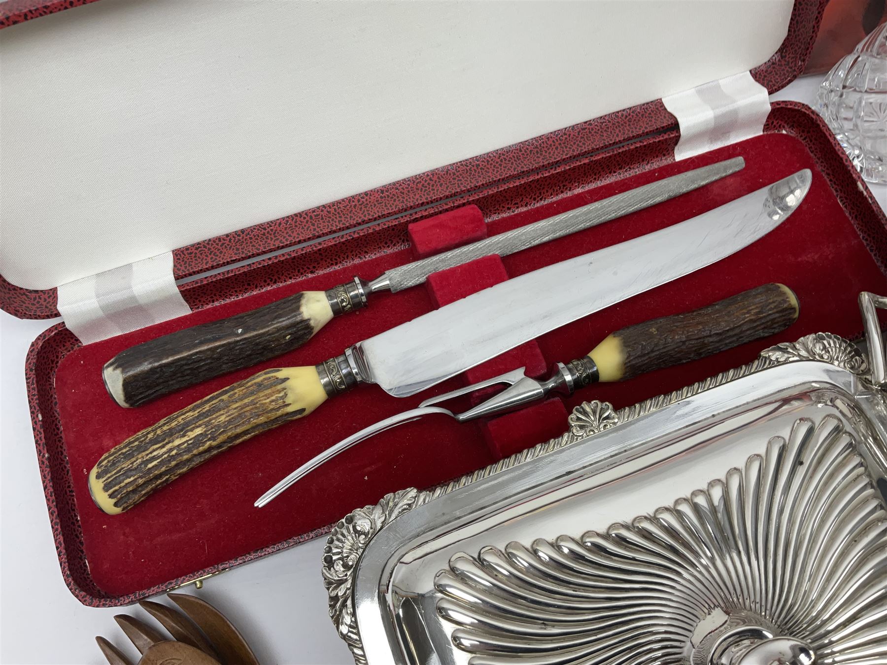 Silver plated Calibri lighter, in the form of a twin handled vase with mask handles, together with a pair of silver plated candle sticks, horn handled carving set with hallmarked silver ferrules and other silver plated items