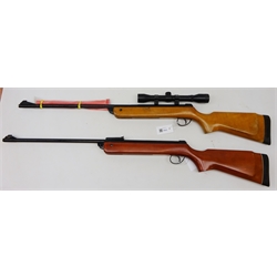  BSA Meteor break barrel air rifle, .22cal with shaped stock with slip TD10801, another with scope IG40336 with spare spring (2)   