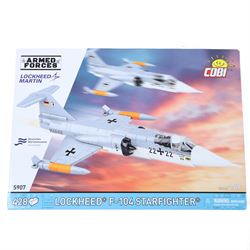 Four Cobi Bricks 1:48 scale Armed Forces model aircraft sets, comprising no. 5897 F-4 Phantom II, no. 5907 Lockheed F-104 Starfighter, no. 5845 BAe Hawk T1 and no. 5842 Alpha Jet, all in sealed boxes