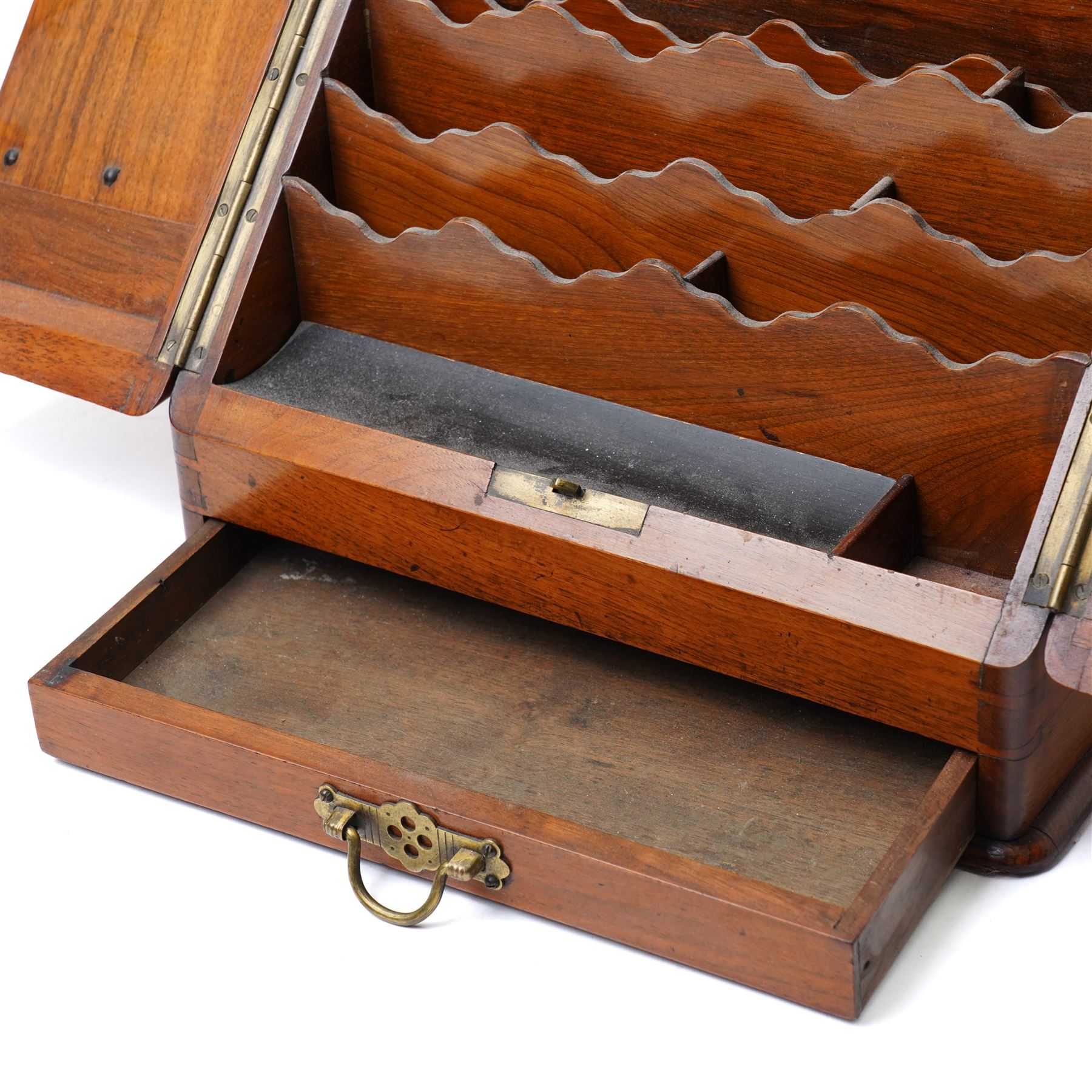 Edwardian walnut stationery casket, the dividing doors revealing a fitted interior with stationery racks and perpetual calendar, single drawer under W30cm