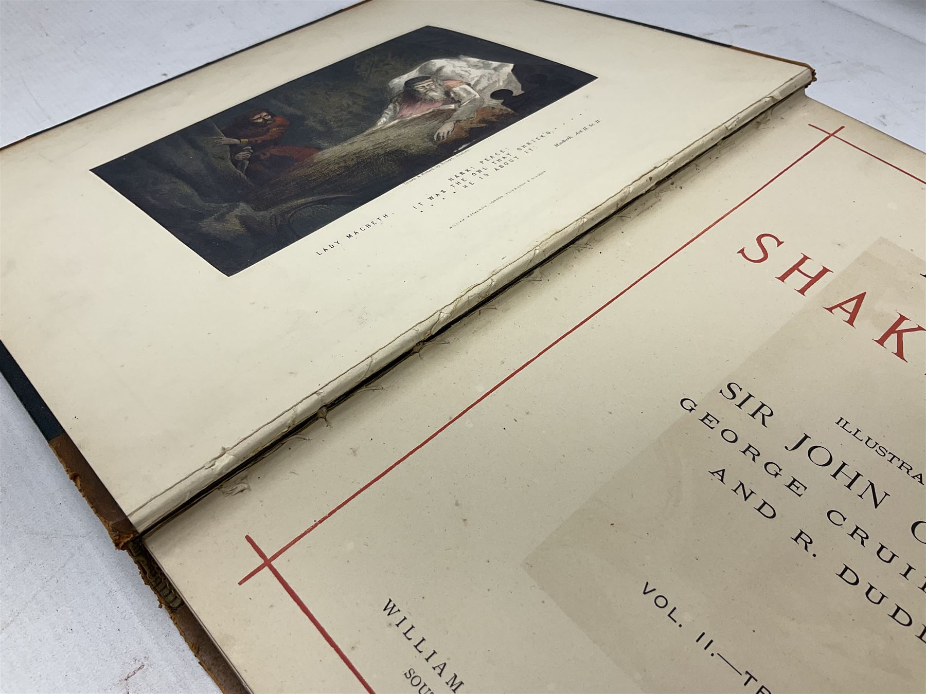 The Library Shakspeare Illustrated by Sir John Gilbert, George Cruikshank and R. Dudley with laid-in colour plates, three volumes, uniformly bound in half leather with a.e.g.
