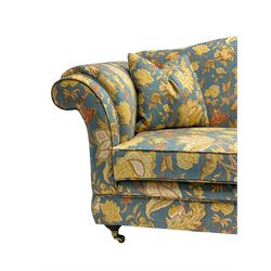 Lincoln House - two seat sofa (W170cm), wingback armchair (W94cm), and armchair (W90cm), upholstered in blue ground fabric with floral pattern