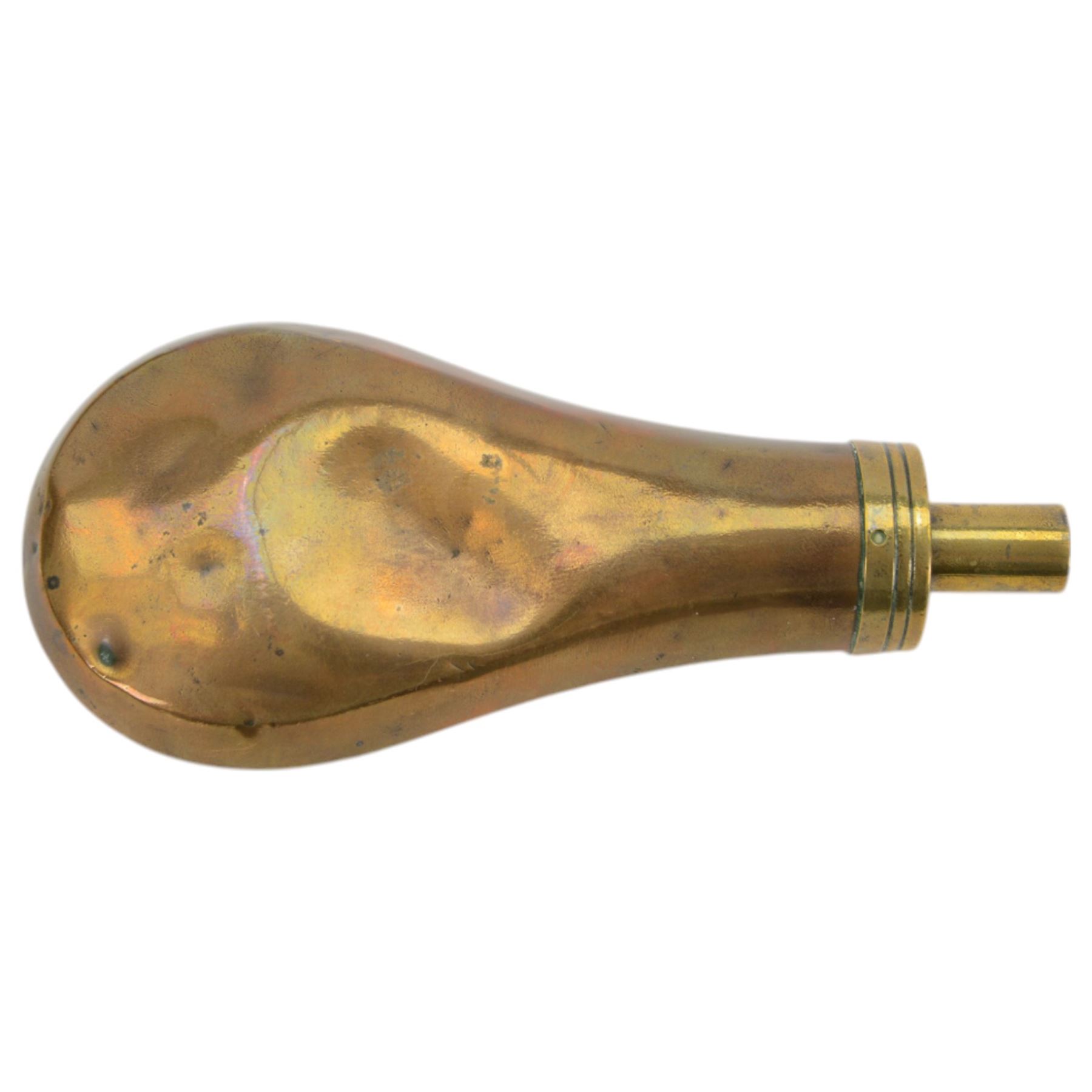 Horn powder flask, together with copper flask and a box of gun parts  