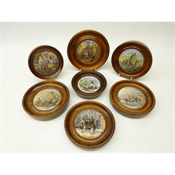  Seven 19th century framed Prattware pot lids including 'A Letter from the Diggings', 'The Wolf and the Lamb', 'Transplanting Rice', 'Dr Johnson', 'Hauling in the Trawl' and two others (7)  