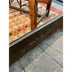 18th century oak dresser base, moulded rectangular top over two drawers and shaped apron, moulded drawer fronts fitted with shaped brass handle plates and swan neck handles, on chamfered square supports united by pot board base 