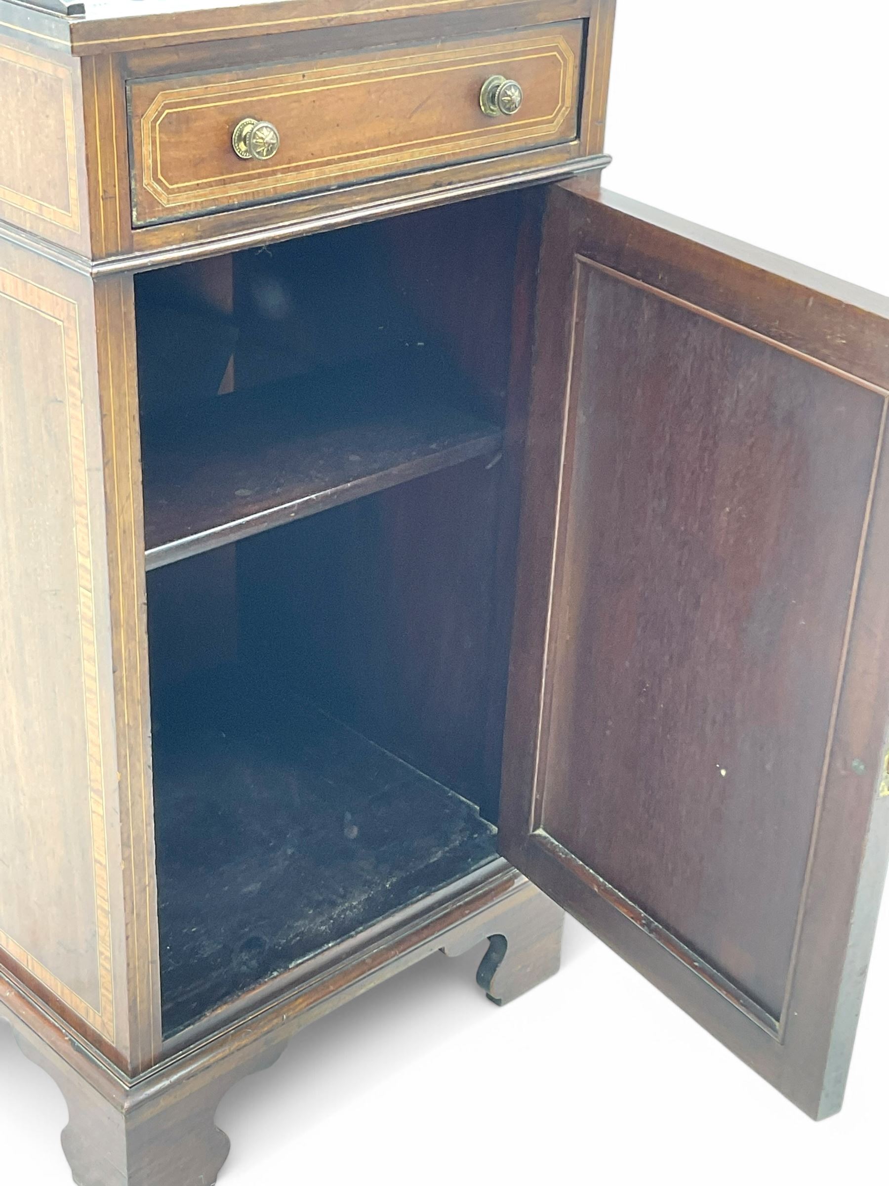 Edwardian mahogany inlaid bedside cabinet, inlaid top with gallery above, single drawer with button handles and single shelf cupboard, on scroll carved bracket feet