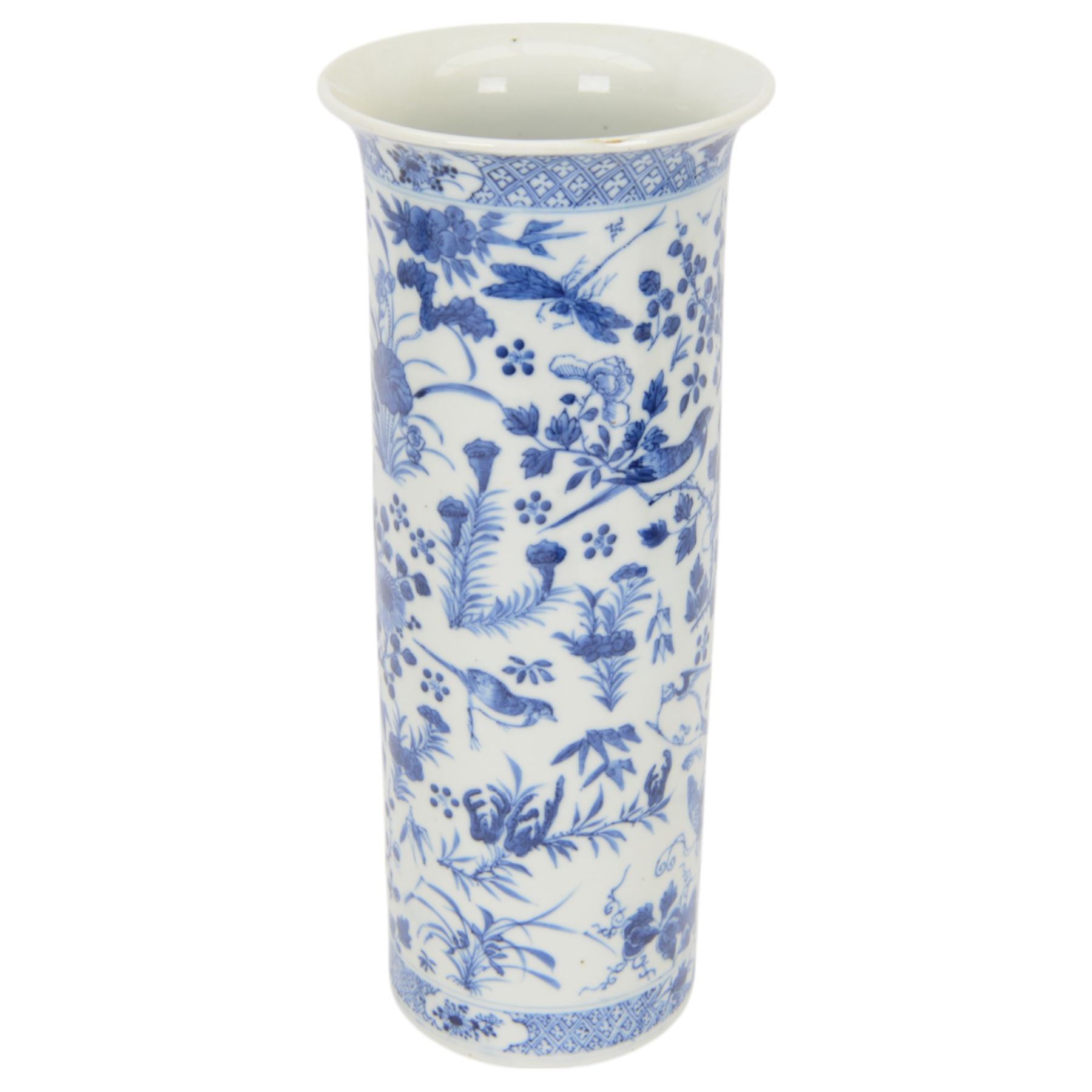 19th century Chinese blue and white sleeve vase, of cylindrical form with slightly flared neck, painted with birds and insects amidst blossoming flowers and foliage, the base and rim with trellis border interspersed with floral reserves, with four character Kangxi mark beneath, H35cm