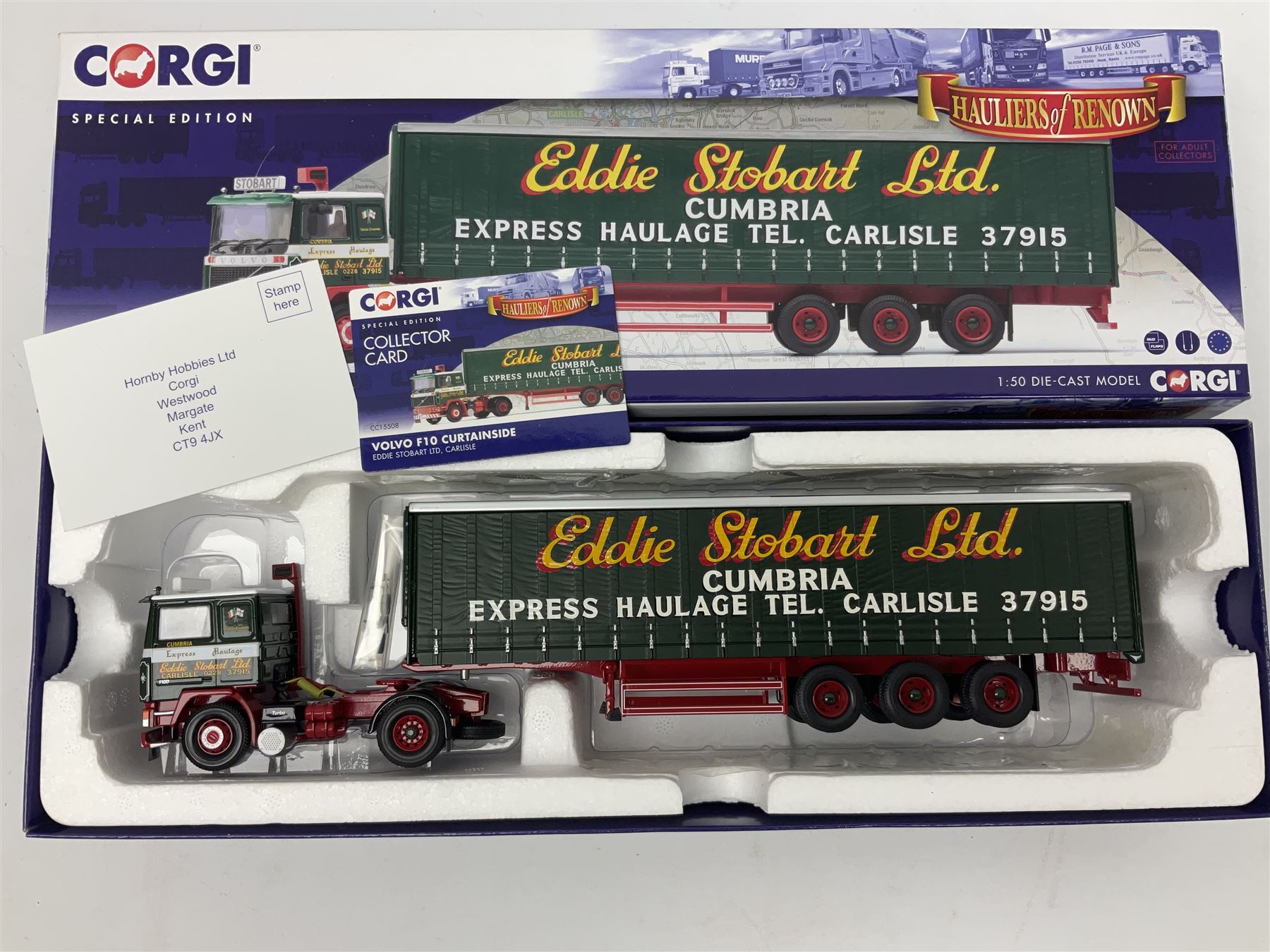 Corgi Eddie Stobart - two Special Edition Hauliers of Renown lorries; CC13749 Scania R Curtainside Trailer and CC15508 Volvo F10 Curtainside; and limited edition Hauliers of Renown CC13801 Mercedes-Benz Actros Fridge Trailer; all boxed (3)