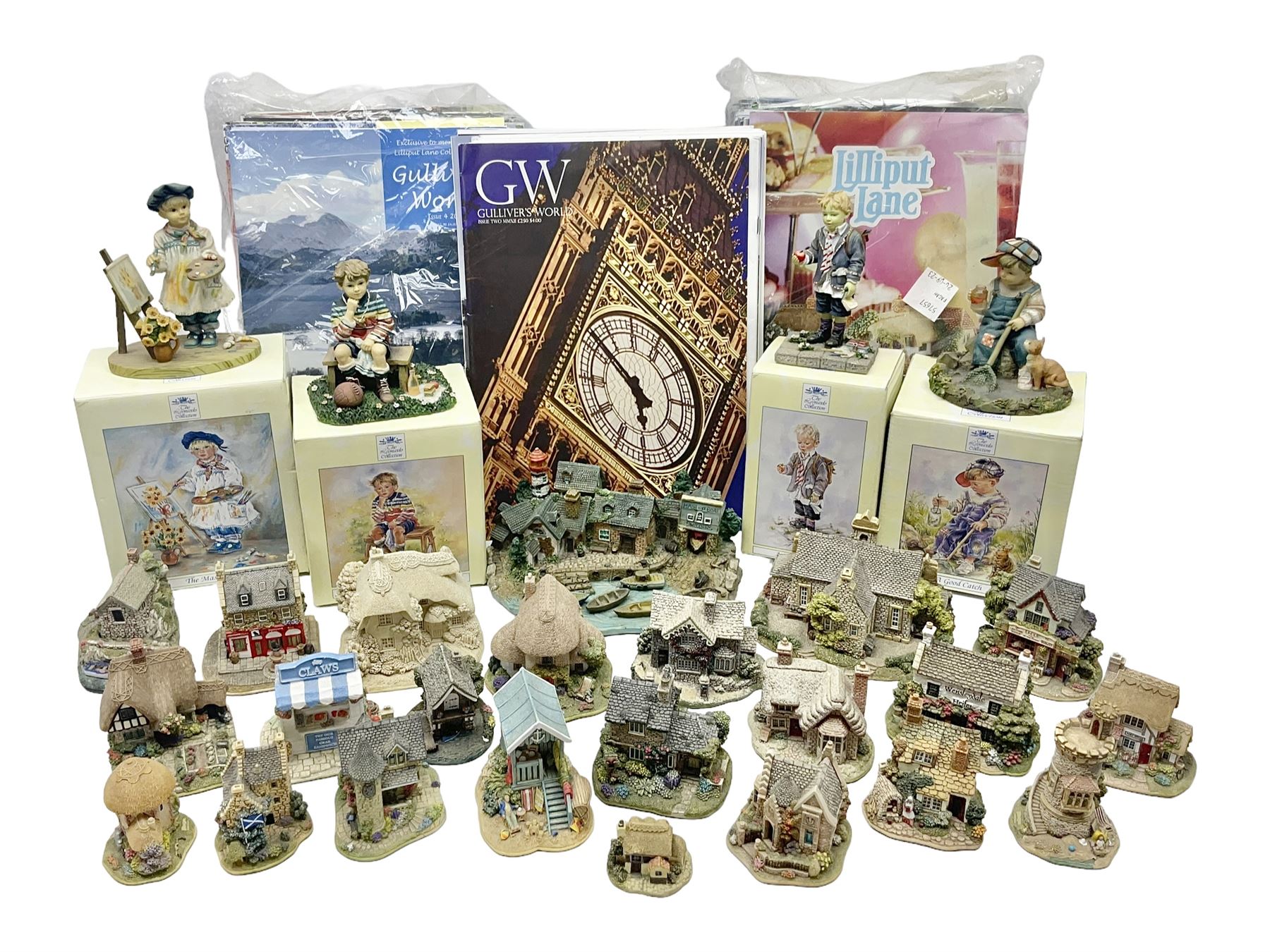 Twenty three Lilliput Lanes, including Village School, Lace's Shoe Shop, Cockles & Muscles, Scotland the Brave etc, together with The Leonardo Collection Paint Box Poppets and Gullivers World magazines 