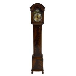 Georgian style late 20th century Grandmother clock in a figured mahogany veneered case with a Westminster chiming movement on 8 gong rods, with a brass dial, silvered chapter ring, Roman numerals and pierced steel hands, three-train spring driven eight-day movement with strike silent t facility, 