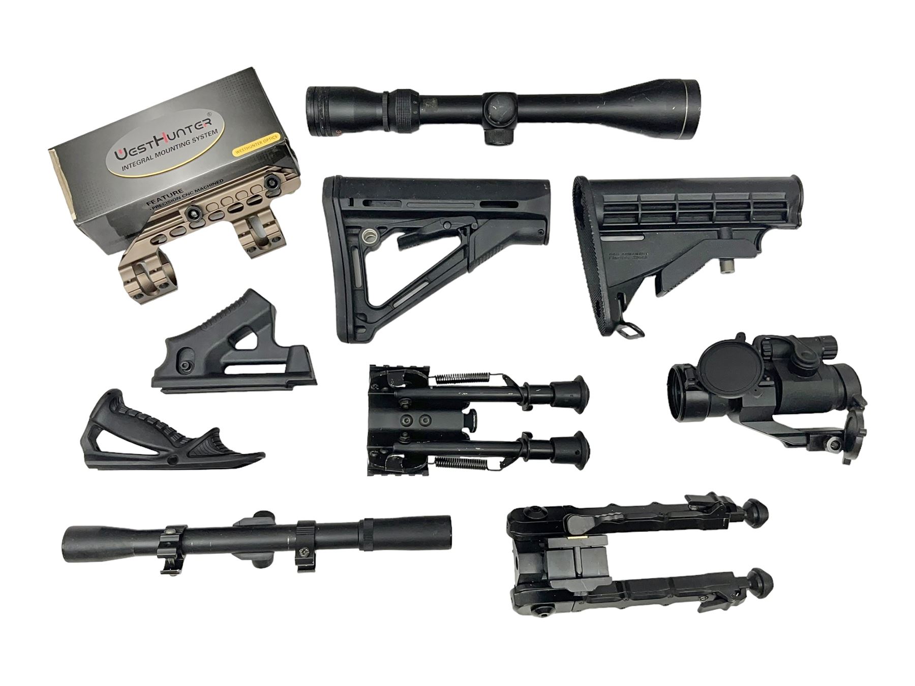 Assorted shooting accessories including two telescopic sights, red dot sight,  two bi-pods, spirit level mount, two gun butts and two forward handles
