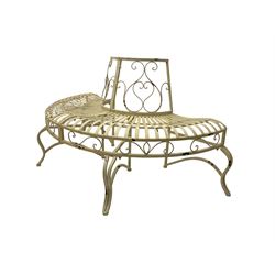 Regency design white finish metal demi-lune half tree bench, strap seat, the back and apron with scrollwork decoration, raised on cabriole supports
