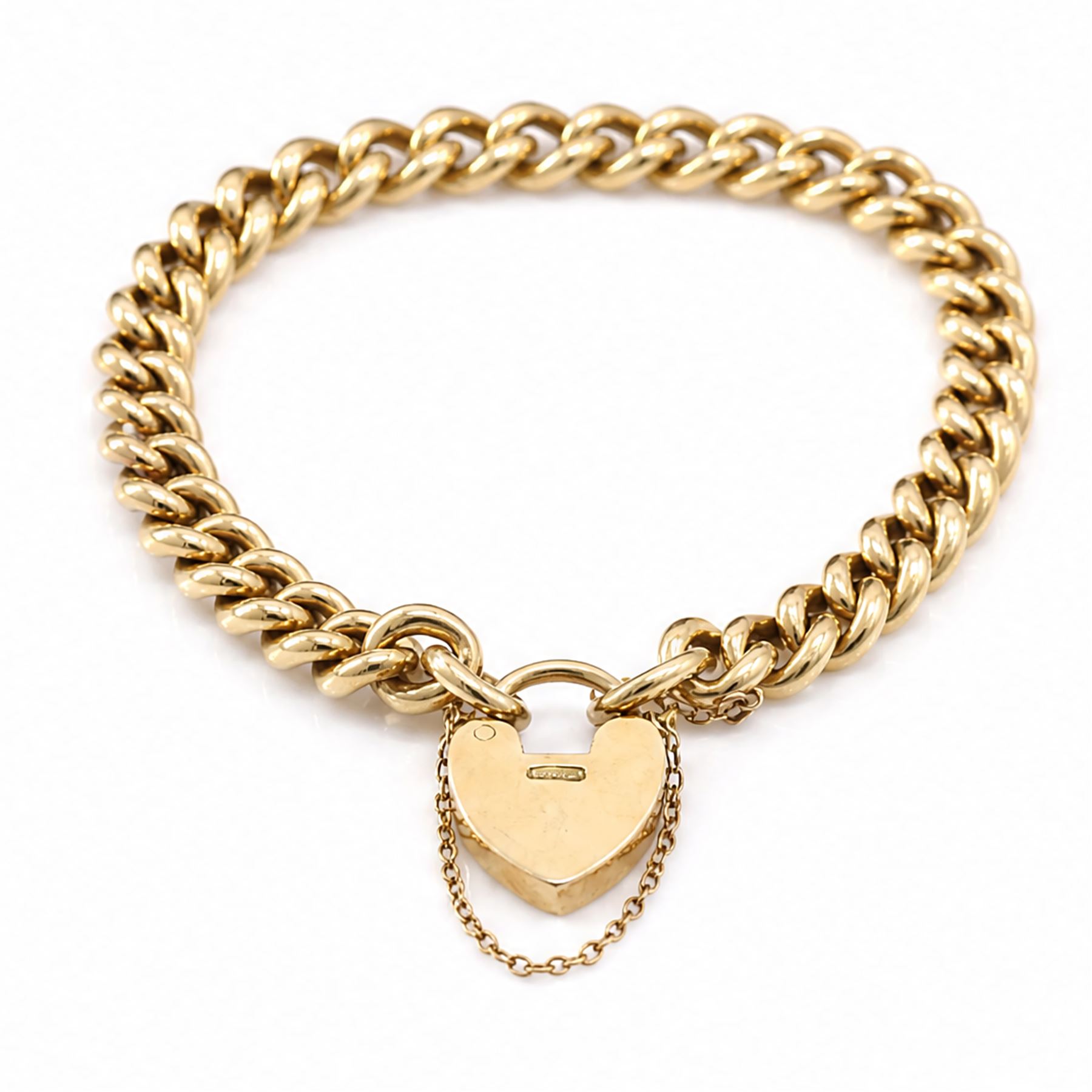 19th / early 20th century 18ct gold curb link bracelet, with heart locket clasp, stamped 18