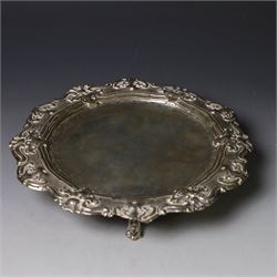 TEST 19th century continental silver waiter, of hexagonal form with stipple and scroll bor...