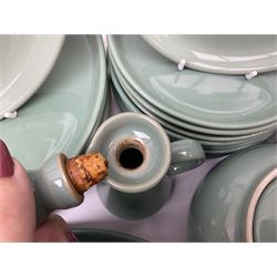 Denby Manor Green pattern part tea and dinner service, to include seven dinner plates, thirteen side plates, ten dessert plates, two oval dishes of various sizes, four cups and saucers, seven bowls with covers, two teapots etc (74)  