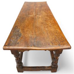 Charles I rectangular joined oak and elm refectory table, the frieze carved with repeated arch motifs, pearwood top above four turned supports united by horizontal stretcher, first half 17th century
Provenance: Purchased from Thorpe & Foster of Dorking in 1971
