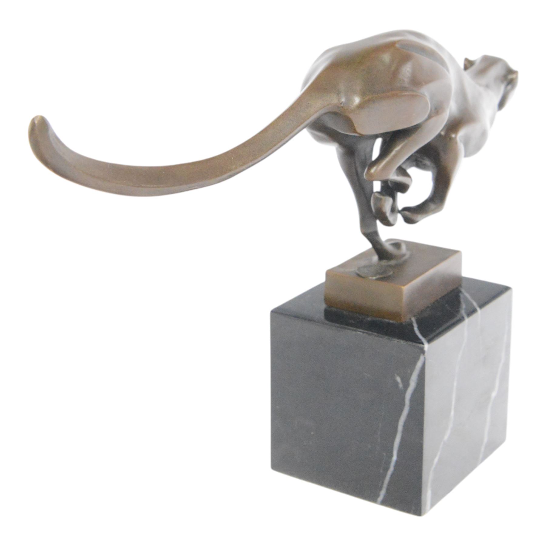 Bronze figure, modelled as a running cheetah, with foundry mark, raised upon a marble base, H20cm