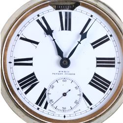 Early 20th century goliath keyless Swiss lever pocket watch by M M & Co, patent No. 10292, with light attachment, white enamel dial with Arabic numerals and subsidiary seconds dial, case No. 3202718