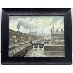 Steven Scholes (Northern British 1952-): 'Bridgewater Canal - Castle Field Manchester 1938', oil on canvas signed, titled verso 30cm x 40cm