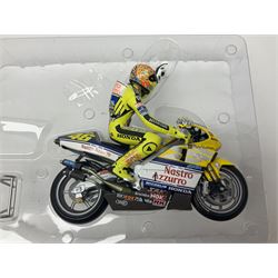 Two Minichamps limited edition Valentino Rossi Collection 1:12 scale die-cast motorcycles - Honda NSR500 Valentino Rossi Team Nastro Azzurro GP Donington 2000 with rider; and Honda NSR500 Valentino Rossi Team Azzurro GP Mugello 2001 Dirty Version; both boxed (2)
