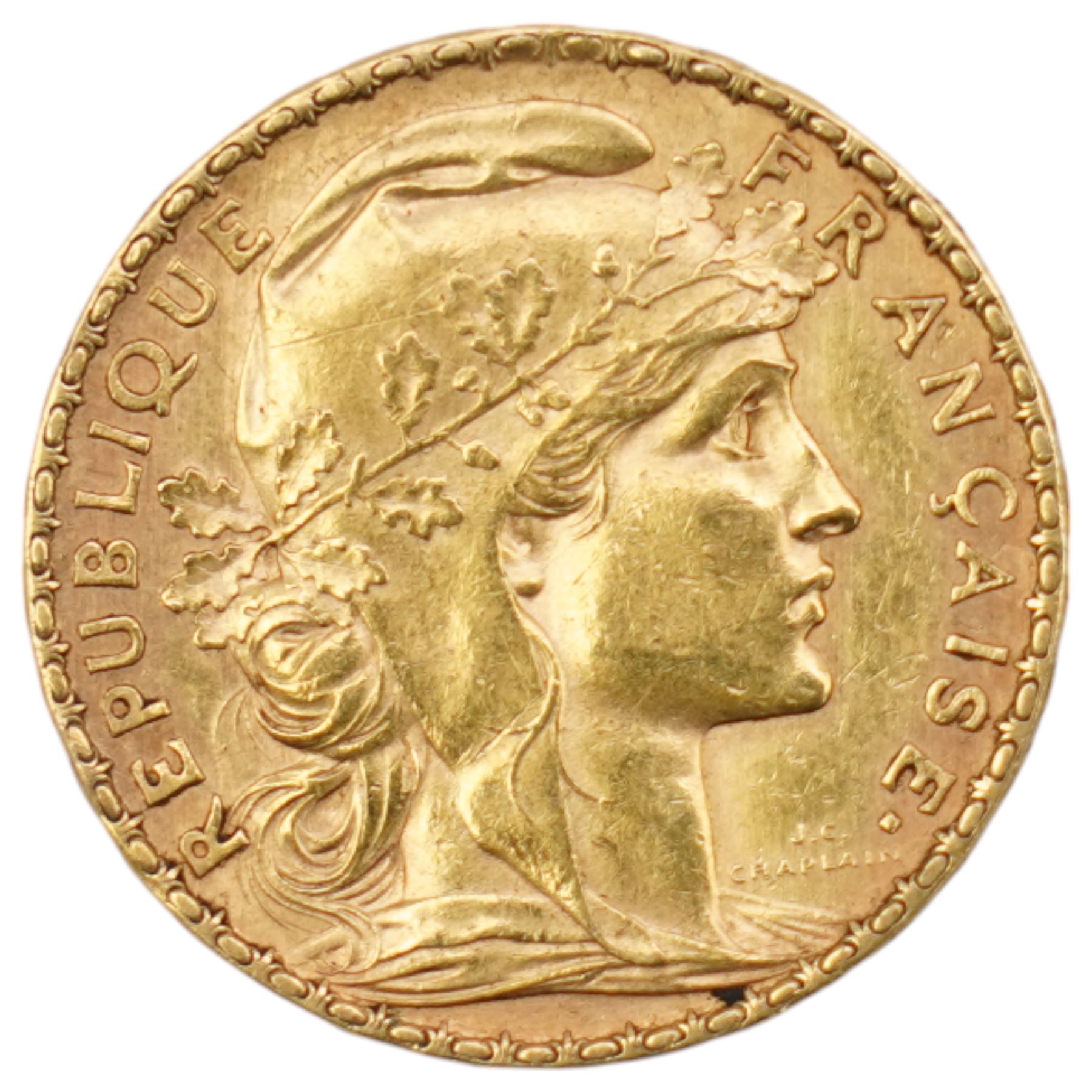 French 1909 gold twenty francs coin