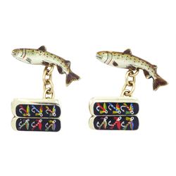 Pair of 9ct gold enamelled fly fishing cufflinks, each with trout and fly hook decoration ...