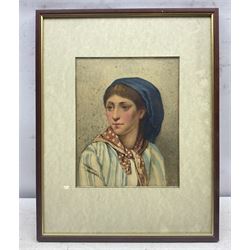Manner of William Henry Hunt (British 1790-1864): Portrait of a Girl with a Blue Bonnet, watercolour unsigned 27cm x 22cm 
