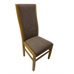 Large pippy oak rectangular dining table, square block leg, and six high back upholstered chairs, retailed by Chapmans of Newcastle