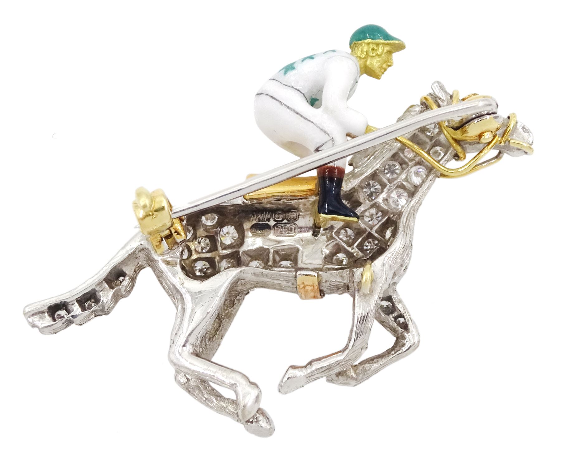 18ct gold diamond and enamel jockey brooch by Alabaster & Wilson, the galloping racehorse with pave set single cut diamonds, the jockey with green and white star colours, Birmingham 2004