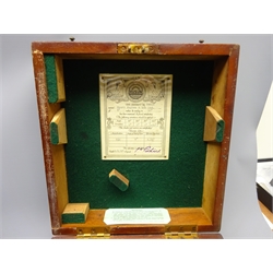  Mid-20th century 'Husun' Sextant by Henry Hughes and Son Ltd No.54815, the black crackled frame with brass and silvered arc, 6'' radius reading to 10'', in fitted wooden box with certificate dated 1947  