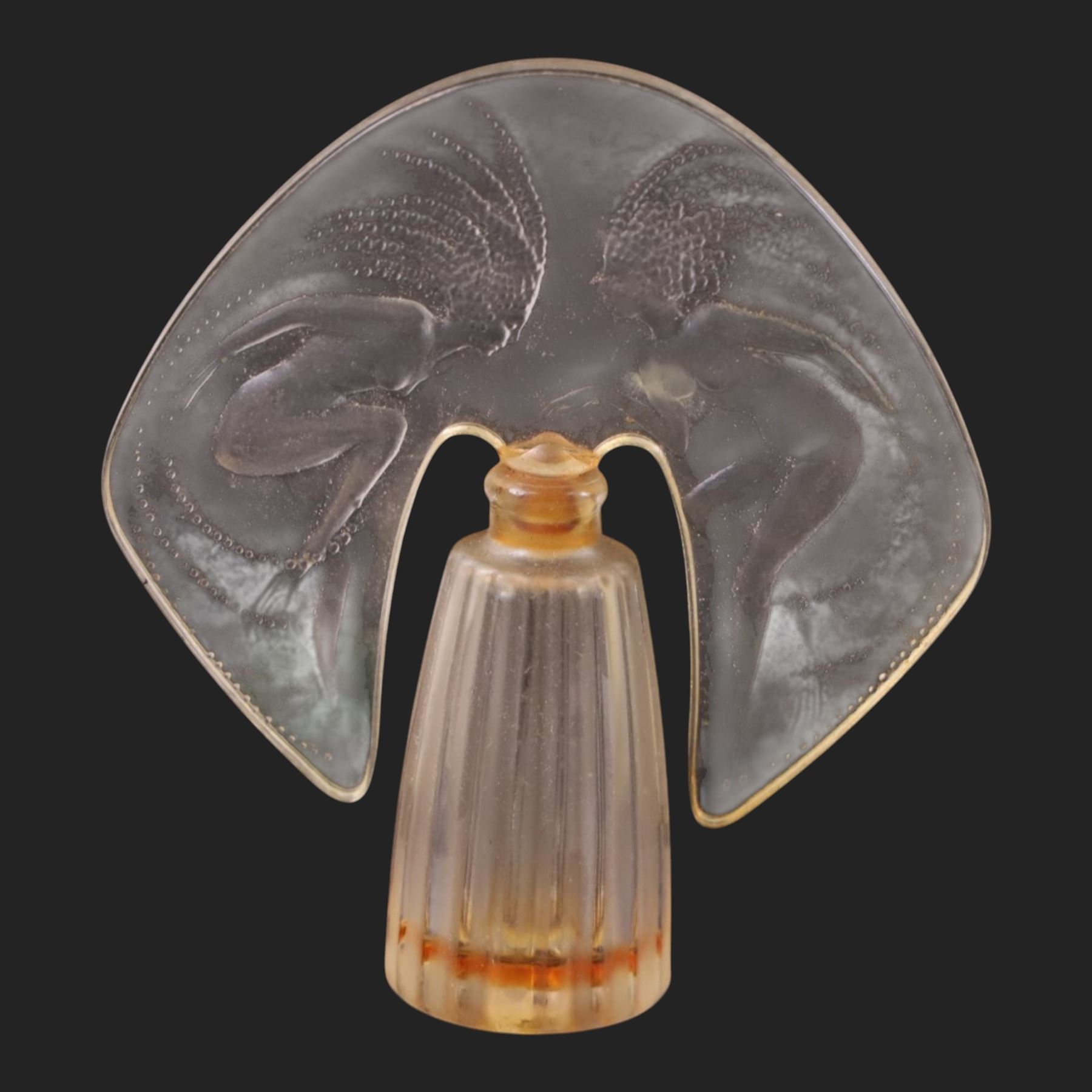 Lalique glass pin dish, with a frosted bird to the center, together with two Lalique scent bottles, pin dish H8cm