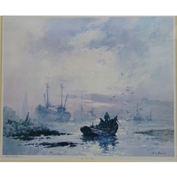 Upper Harbour, Whitby', ltd.ed colour print No.166/250 signed by Robert Leslie Howey (British 1900-1981) 38cm x 46cm and Woodland Landscape, oil on board signed by Ken Johnson 23.5cm x 49cm (2)  