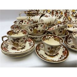 Masons Brown Velvet pattern tea and dinner wears, to include eight dinner plates, eight twin handled soup bowls and saucers, eight tea cups and saucers, cheese cover and plate, jug, meat platter etc (84)  