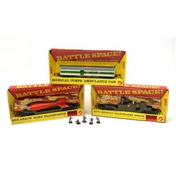 Tri-ang/Hornby '00' gauge - Battle Space Medical Corps Ambulance Car, Red Arrow Bomb Transporter and Anti-Aircraft Searchlight Wagon; with five Battle Space Commando figures, all boxed, one with cardboard slip-case (3)