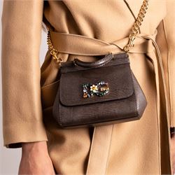 Dolce & Gabbana - ‘Miss Sicily’ Jewelled Mini Shoulder Bag, the model introduced for the Fall/Winter 2017/2018 collection, in structured brown iguana-print calfskin leather, the front applied with a multicoloured crystal-set DG monogram logo incorporating floral motif, with detachable gold-tone chain shoulder strap, unused with original dust bag and tags