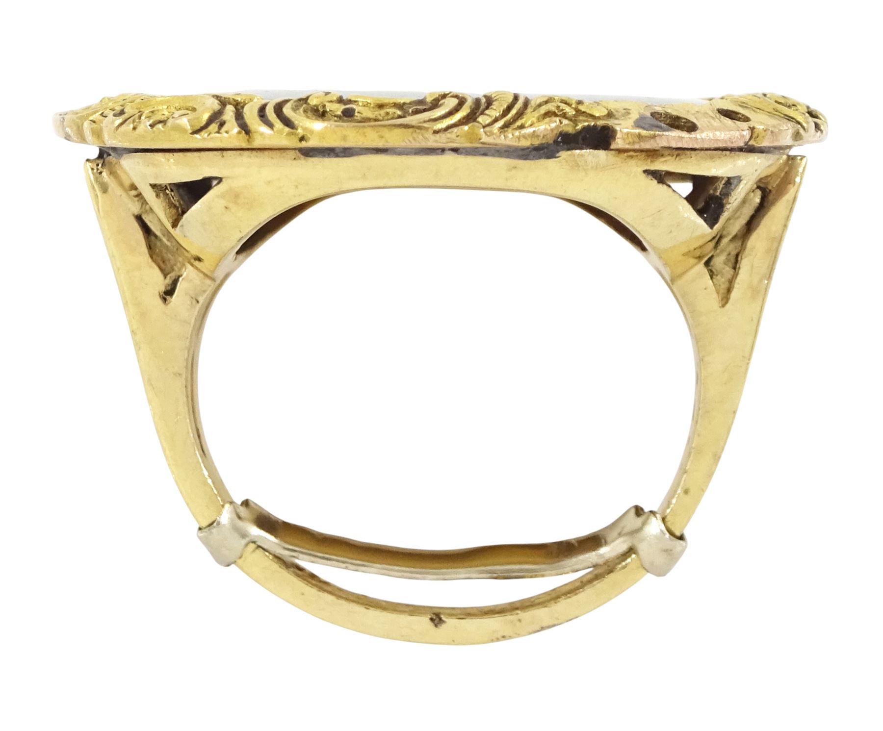 19th century gold portrait ring, set with a circular miniature of a young woman in 18th century dress on ivory, under a glazed panel, within a gold scroll frame and pierced gallery. This lot has been registered for sale under Section 10 of the APHA Ivory Act