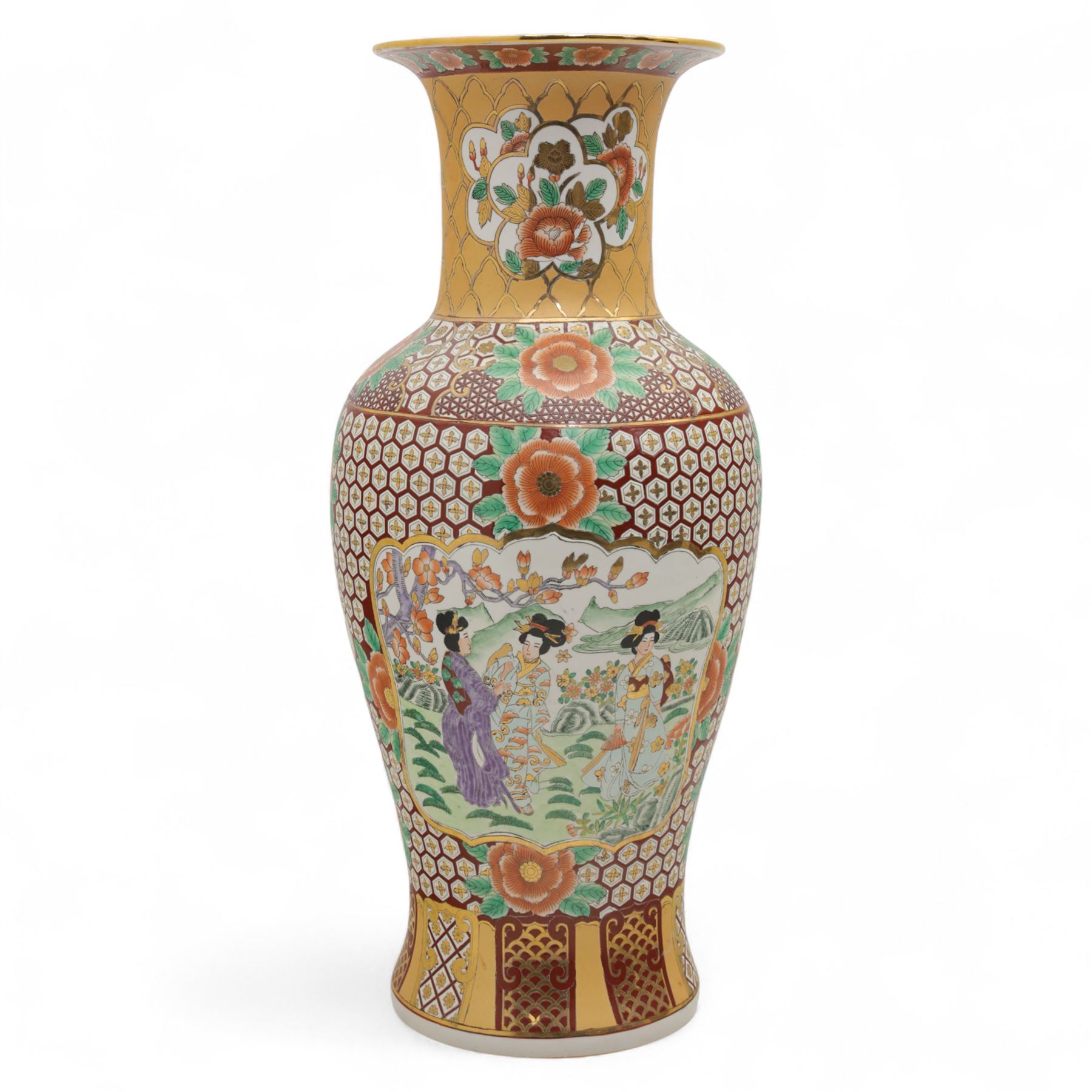Floor vase, of baluster form with fluted rum, the central panel with figures in a landscape, within a geometric design, H95cm+ 
