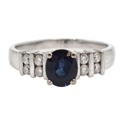 18ct white gold oval sapphire ring, with diamond set shoulders, stamped 750