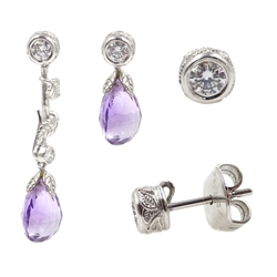  Pair of 18ct white gold (tested) diamond and amethyst adjustable leaf design pendant earrings  