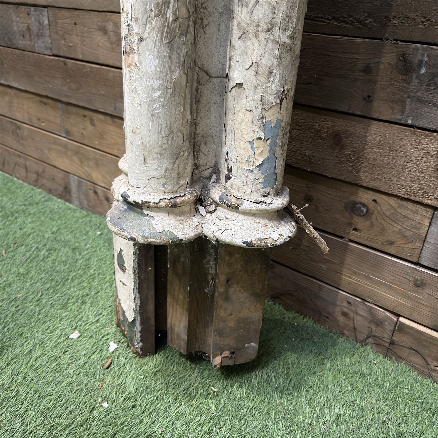 Large 19th century painted pine club shaped column, carved capitals with a cluster of three circular supports, flat back
