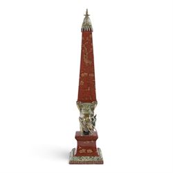 Wong Lee ceramic and brass obelisks, decorated with deer, trees and butterflies mounted on...