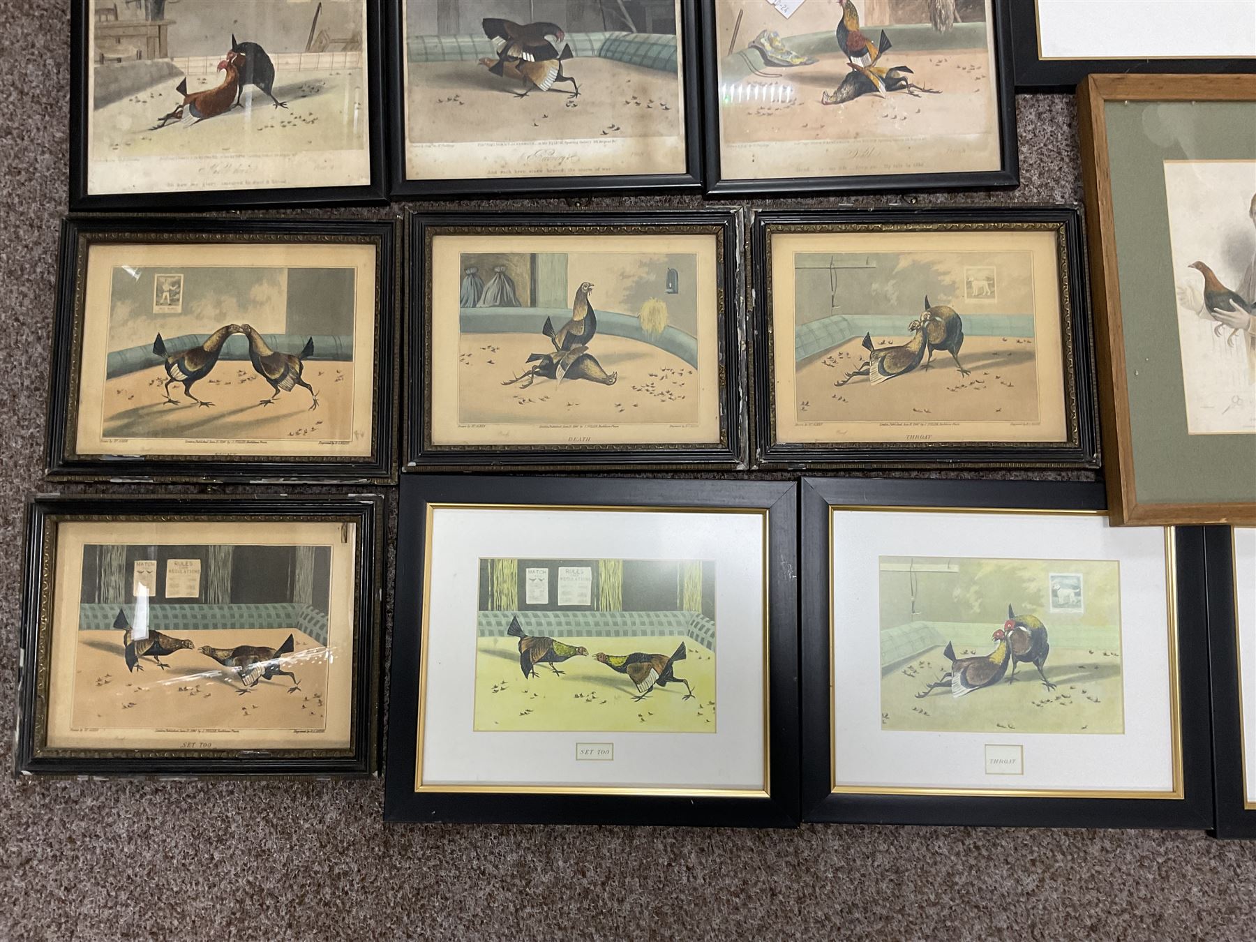 After Newton Fielding (British 1799-1856): Set of six 19th century cock fighting prints pub. Rudolph Ackermann, together with various later cock fighting prints