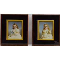  Elliott & Fry (Late 19th/early 20th century): Studio Portraits of young Girls, pair photographic negatives on opaque glass finely hand-painted and signed Elliott & Fry 24cm x 19cm in original velvet lined rosewood frames (2) Notes: The firm of Elliott and Fry, founded in 1863 and active until 1963, for a century the firm's core business was taking and publishing photographs of the Victorian public and social, artistic, scientific and political luminaries and was one of the most important in the history of studio portraiture in London. Opened by Joseph John Elliott and Clarence Edmund Fry their first premises were a series of studios at 55 Baker Street. They employed a variety of operators who took the photographs and these included Francis Henry Hart and Alfred James Philpott in the late Victorian and early Edwardian period  
