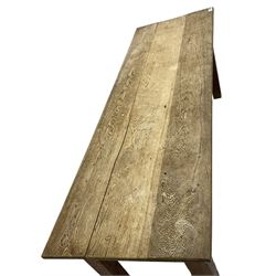 20th century oak refectory dining table, rectangular three plank top, on chamfered square supports 